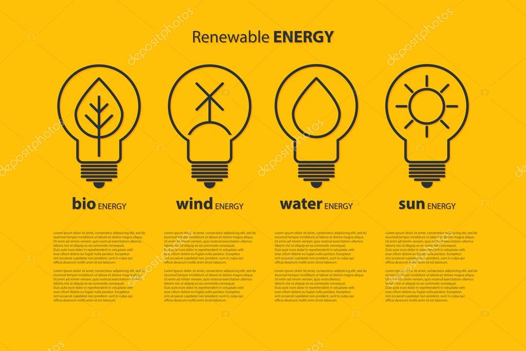 Ecological infographics with yellow outline bulbs with sun, drop, wind power and leaf