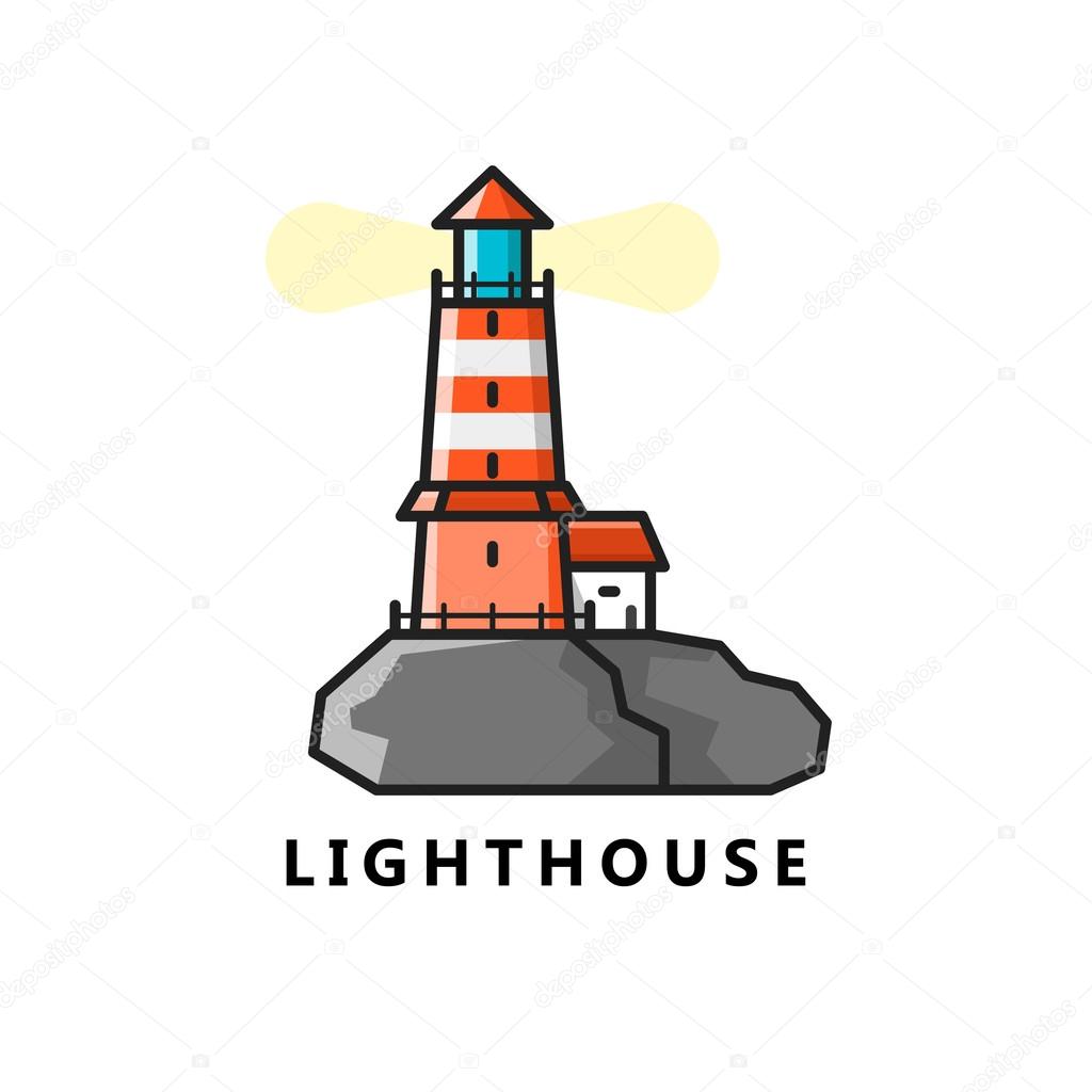 Vector flat illustration of colorful lighthouse on rocks. Outline design logo template