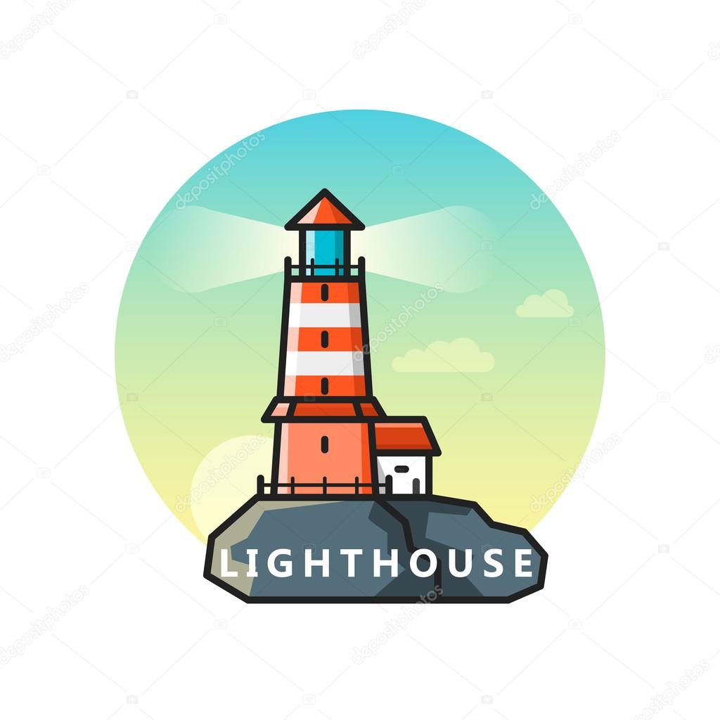 Vector flat illustration of colorful lighthouse on rocks. Outline design logo template