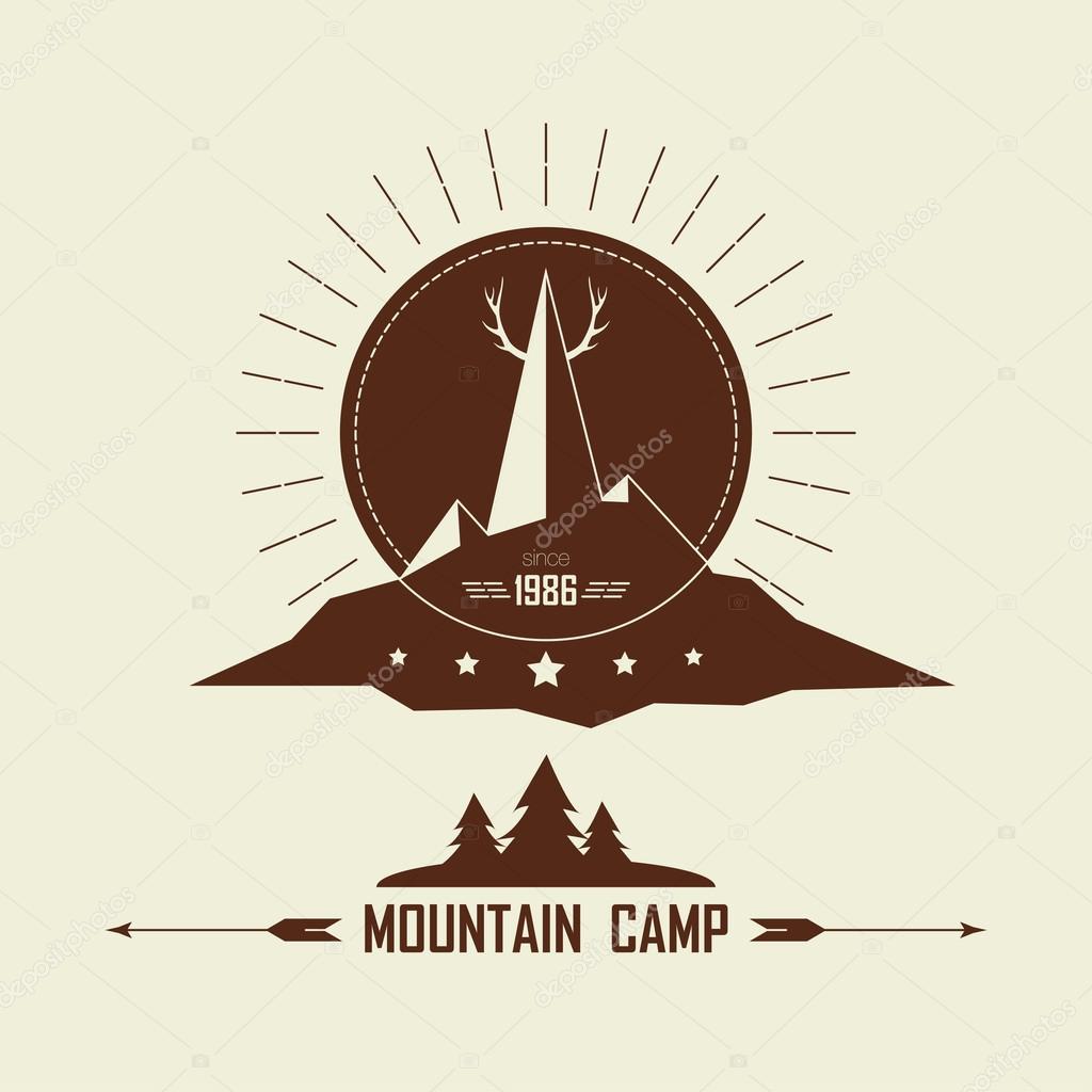 Vintage camping and outdoor activity logo Vector illustration with forest, tree, mountain and antlers
