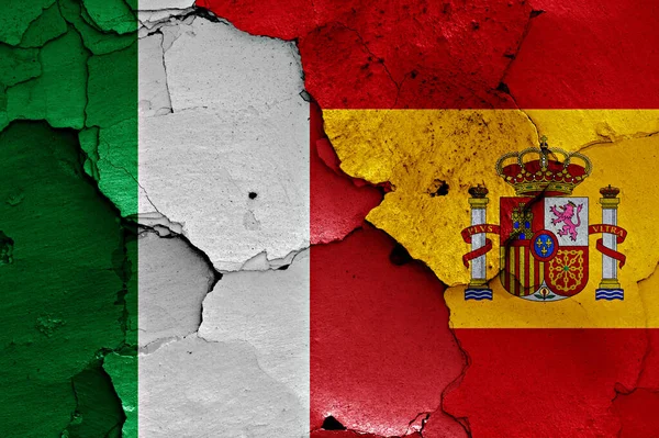 Flags Italy Spain Painted Cracked Wall — Stock Photo, Image