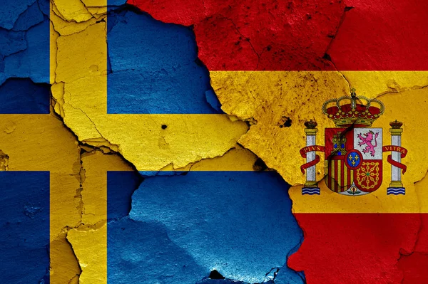 Flags Sweden Spain Painted Cracked Wall — Stock Photo, Image