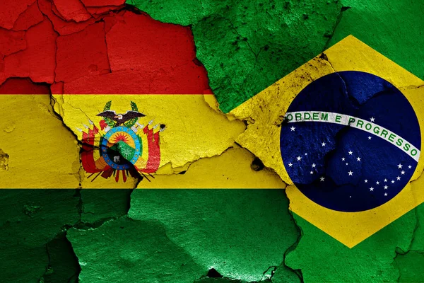 Kırık Duvarda Bolivya Brezilya Bayrakları — Stok fotoğraf
