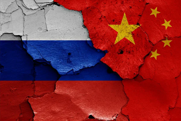 Flags Russia China Painted Cracked Wall — Stock Photo, Image