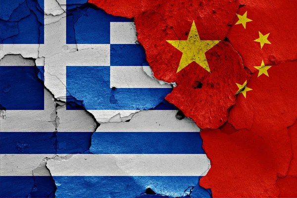 Flags Greece China Painted Cracked Wall — Stock Photo, Image