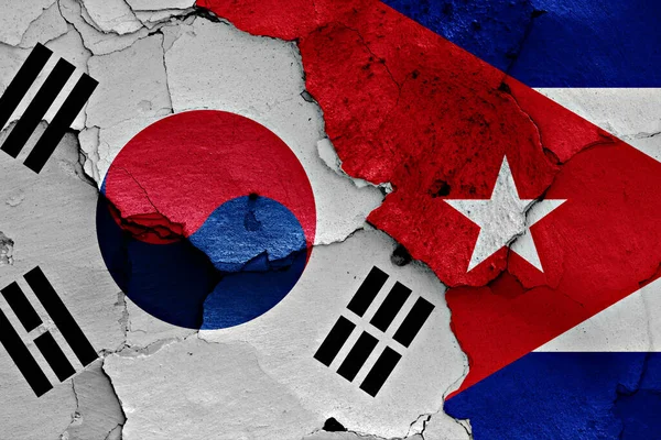 Flags South Korea Cuba Painted Cracked Wall — Stock Photo, Image