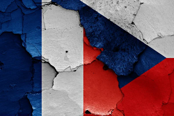 Bandiere Francia Cechia Dipinte Parete Incrinata — Foto Stock