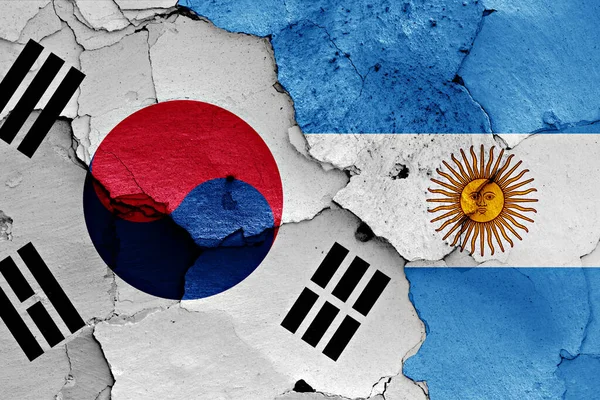 Flags South Korea Argentina Painted Cracked Wall — Stock Photo, Image