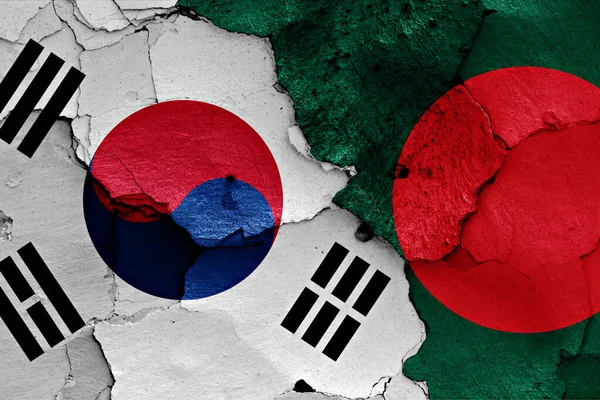 Flags South Korea Bangladesh Painted Cracked Wall — Stock Photo, Image