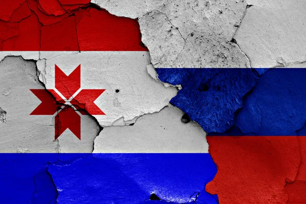 Flaggor Mordovia Och Ryssland Målade Spruckna Väggen — Stockfoto