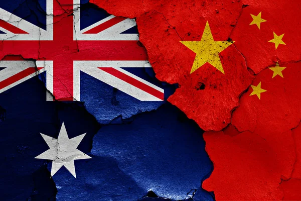 Flags Australia China Painted Cracked Wall Stock Photo