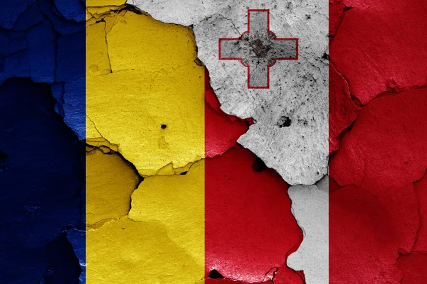 Flags Romania Malta Painted Cracked Wall — Stock Photo, Image