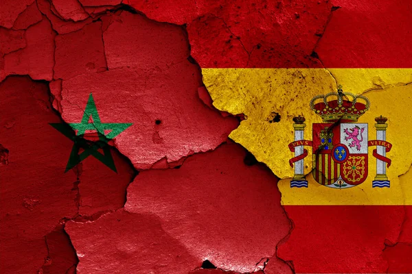 Flags Morocco Spain Painted Cracked Wall — Stock Photo, Image
