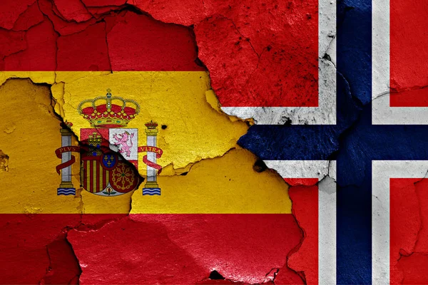 Flags Spain Norway Painted Cracked Wall — Stock Photo, Image