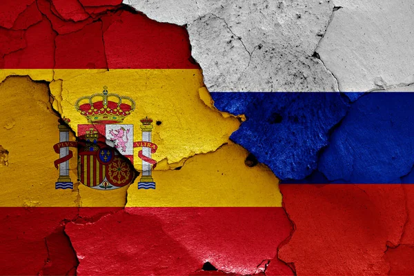Bandiere Spagna Russia Dipinte Parete Incrinata — Foto Stock