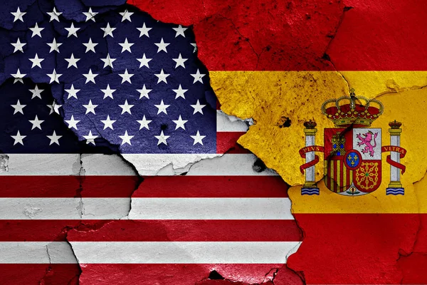 Flags Usa Spain Painted Cracked Wall — Stock Photo, Image