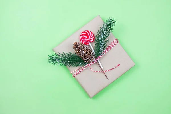 Christmas Gift Box Wrapped Brown Craft Paper Corn Fir Tree — Stock Photo, Image