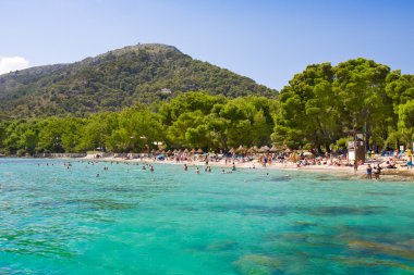 Sahil defne deniz turkuaz su dağ manzaralı, cala pi de la posada, majorca, İspanya