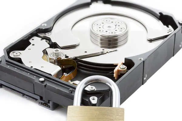 Computer harddisk drive closeup with locker Stock Photo