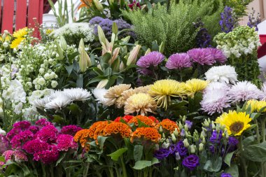 Bir çiçekçi dükkanı önünde taze çiçekler