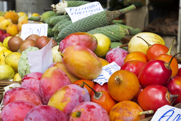 Exotic fruits on display on a market