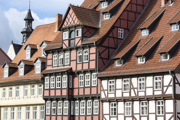 Gevel van vakwerk huizen in de stad Quedlinburg, Duitsland — Stockfoto