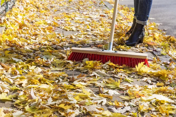 Balayant feuillage d'automne sur un trottoir — Photo