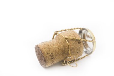 Şampanya mantarı beyaza izole edilmiş.