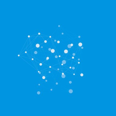 Molekül bağlantı tasarımı. Mavi arkaplanda noktaları ve çizgileri olan vektör soyut tasarımı