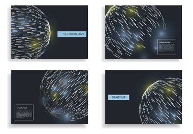 Soyut nokta şekilleri, tasarım elementlerinin vektör kümesi. A4 broşür kapağı. Yaratıcı çember figürü ve parlak inşaat imzası. Vektör illüstrasyonu