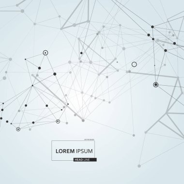 Çokgen arka plan, teknoloji tasarımı. Küresel atom çizimi. Vektör ağ çizgileri