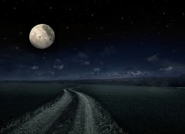 Countryroad natten ljus belysta stora moon — Stockfoto