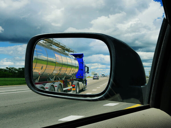 Truck in the rearview mirror.
