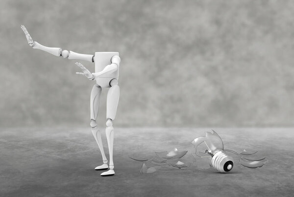 Front view of a light bulb character that is groping around because he has broken and missed the bulb and can 't see. Разбитая лампа с кусками стекла разбросана по полу на сером абстрактном фоне