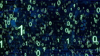 Çift kod 0 ve 1 tarafından oluşturulan yeşil dijital bitler soyut bir koyu mavi arkaplan üzerinde rastgele dağıtılmıştır (3d)