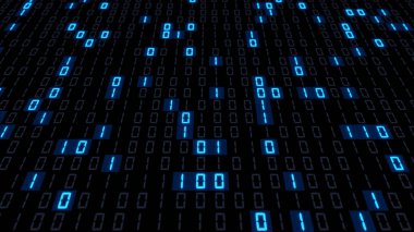 Dijital ekran, mavi ışıkla rastgele aydınlatılan hücrelerde bulunan 0 ve 1 bitlerini gösterir (3d render).