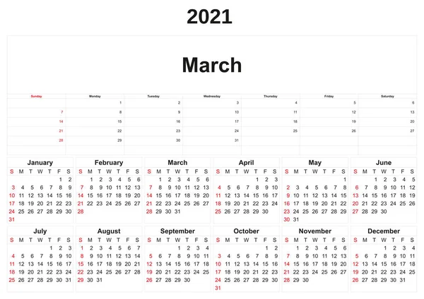 Calendario Annuale 2021 Con Sfondo Bianco — Foto Stock