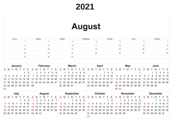 Årlig Kalender 2021 Med Vit Bakgrund — Stockfoto