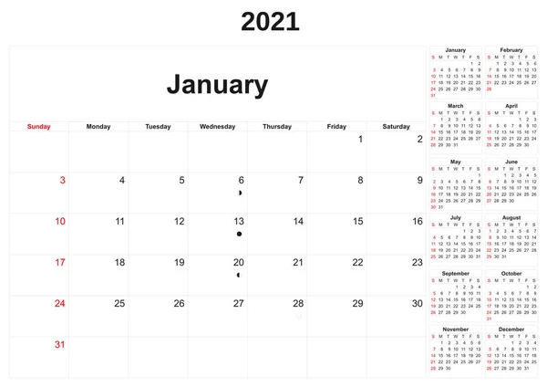 Calendar Anual 2021 Fundal Alb — Fotografie, imagine de stoc