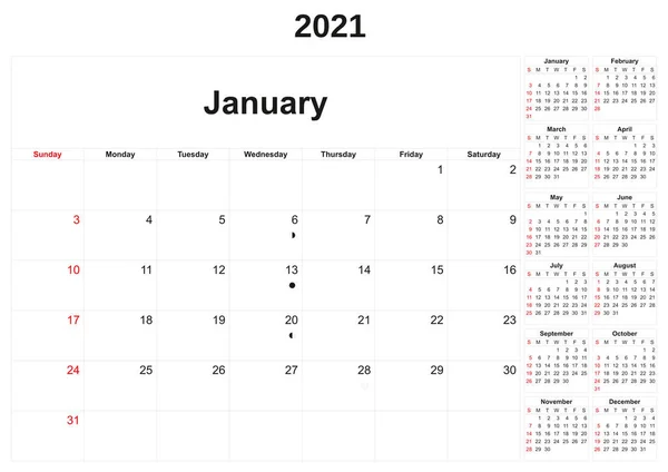 Calendário Anual 2021 Com Fundo Branco — Fotografia de Stock