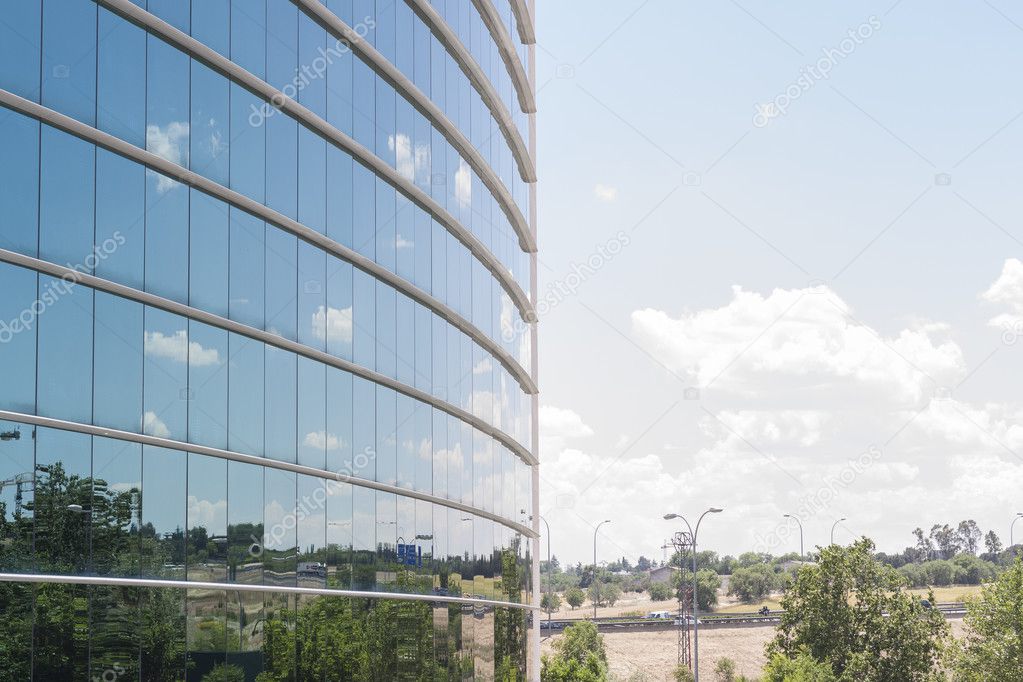 blue glass wall of office building