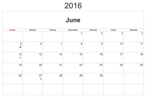 Calendario mensual junio 2016 — Foto de Stock