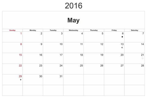 Май месячный календарь 2016 — стоковое фото