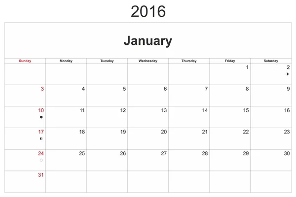 January monthly calendar 2016 — Stock Photo, Image