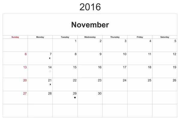 Calendario mensual noviembre 2016 Imagen de archivo