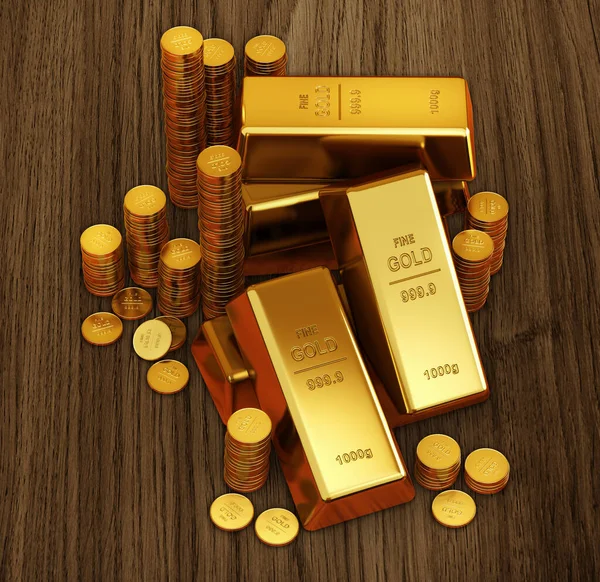 Gold Bars Hard Wood Back Render — Stock Photo, Image