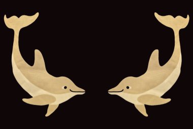 Deniz temalı sanat tasarımı posterleri ya da tekstil baskıları için ideal siyah arka plan üzerinde karşı karşıya duran bej yunuslar.