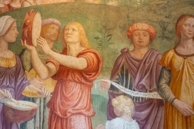 Milan, İtalya 22 Mart 2020. Pinacoteca di Brera 'da sergilenen tarihi bir dini tablonun ayrıntıları. İncil' de geçen bir sahneyi tasvir ediyor..