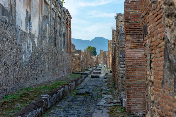 İtalya 'nın Pompeii kentindeki arkeolojik alanda orijinal taş kaldırımları ve yıkık binaları olan antik bir Roma caddesinin manzarası. Korunmuş şehir yolu Roma şehir planlama ve günlük yaşamını gözler önüne seriyor.