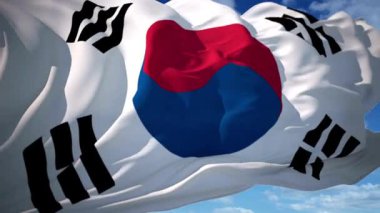 Güney Kore ulusal bayrağı, Taegeukgi olarak bilinir, görünür kumaş hareketleri ve kıvrımlarıyla rüzgarda sallanıyor. Ulusal kimliği, vatanseverliği ve Kore Cumhuriyeti 'ni temsil eden sembolik bir sahne..